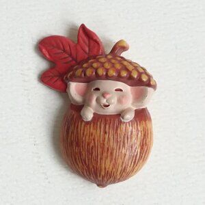 Vintage Hallmark Fall Autumn Mouse Acorn Leaf Thanksgiving Brooch 1985